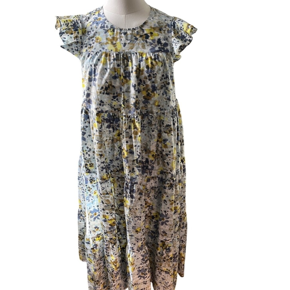 Banana Republic XXS Petite Maxi Dress Blue Yellow Floral‎ Cotton Ruffle Tiered